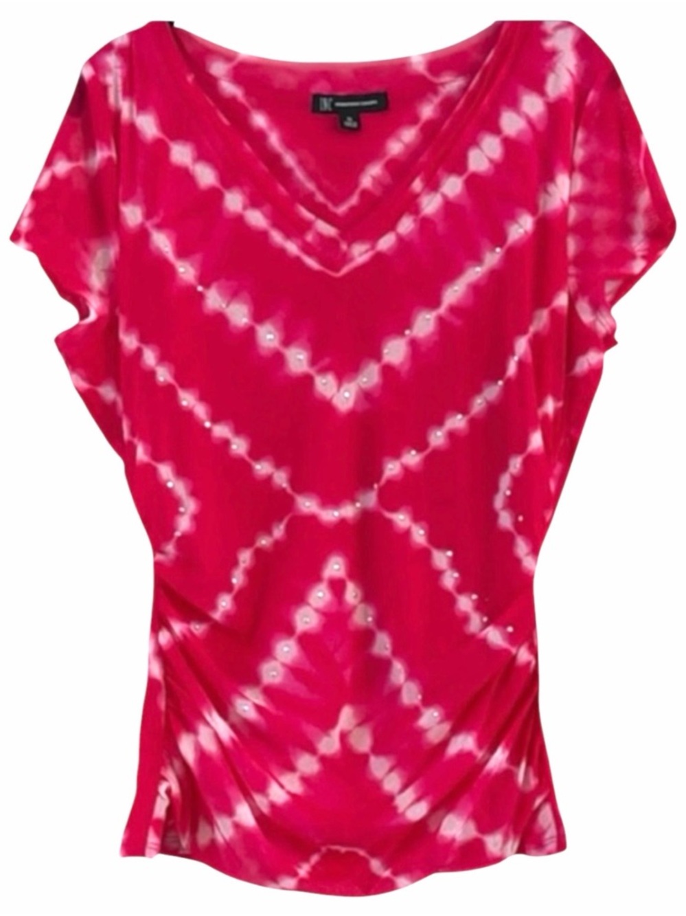INC Macy's Pink Tie Dye Nylon Mesh Ruched Rhinestone V Neck Top XL